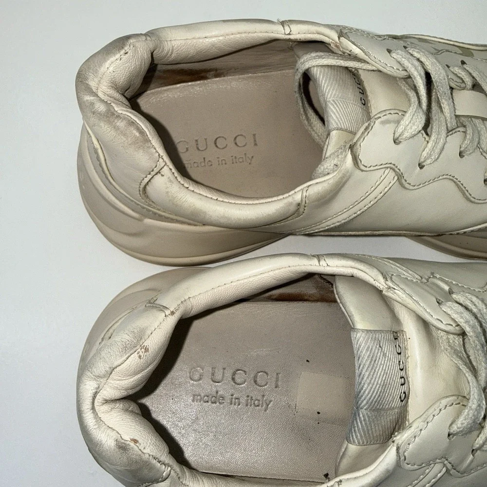 Gucci Rhyton Web Print Leather Sneakers Mens 9.5G US10 EU43.5 Ivory 523535 Italy